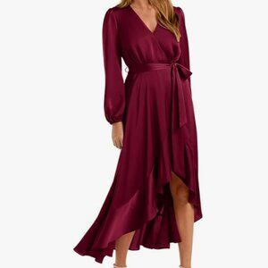 Long Sleeve Wrap V Neck Maxi Ruffle Dress